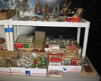Vintage Christmas   small boxes of Shiny Brite ornaments and old trees