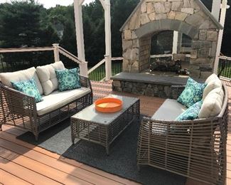 Out door patio furniture, set includes 2 chairs, 2 love seats, and coffee table.