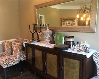 Side Table, Set of 6 Dining Chairs, Candelabras, Trash Cans, Crystal Beverage Dispenser, Kate Spade champagne flutes (never used, new in box), Decorative Charger Plates.