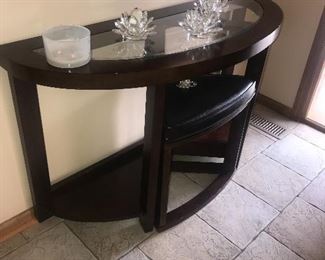 HALF MOON SHAPED CONSOLE TABLE W/GLASS TOP