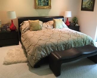 KING  BROWN LEATHER BED,  TWO BROWN LEATHER NIGHTSTANDS, BROWN LEATHER  DRESSER W/LEATHER FRAMED MIRROR - FROM SHERWOOD STUDIOS, INC. - FABULOUS!!!!!