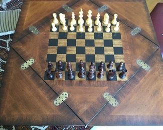 CHESS TOP TABLE TOP  IN OPEN POSITION TO EXPOSE CHECKERBOARD.  BEAUTIFULLY DETAILED.