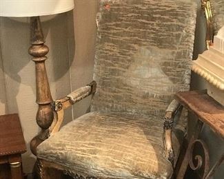 Pair of beautiful night scores and chairs covered in scrumptious fabric. 