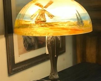 20th c reverse painted glass lamp with period base.