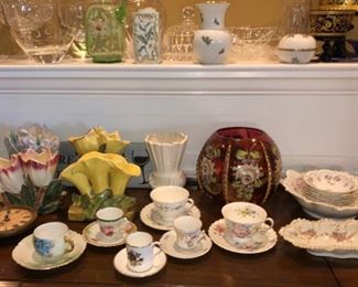 Vintage McCoy floral vases & antique glass & porcelain 