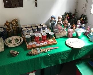 Christmas villages, Christmas coffee mugs, and other Christmas decorations