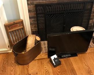 Copper bucket, washboard and 30 inch flatscreen TV