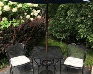  Iron  patio table and chairs and umbrella w/ stand