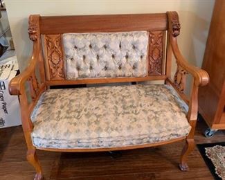 #6		Wood Lion-head Carved Bench Seat w/button-back Seat  40.5 Long w/claw feet	 $150.00 
