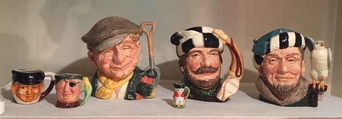 Toby jugs - 3 big ones are Royal Doulton: The Gardener, Trapper, The Falconer (each 7-8" tall)