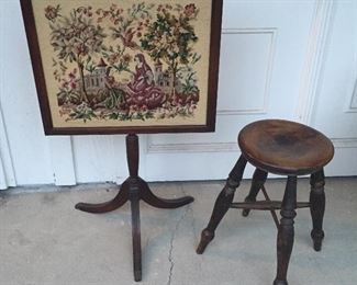 Needlepoint fireplace screen, antique stool