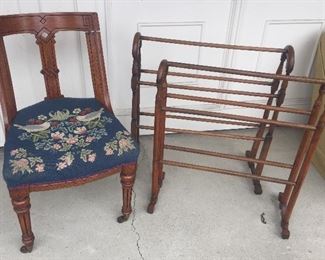 Antique chair with needlepoint seat, quilt racks