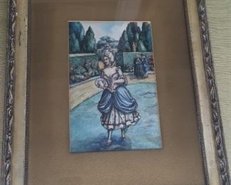 Antique watercolor of French woman in a garden, dated 1902. Framed size 15" x 18.5". N.B. Owner's family was originally from New Orleans.