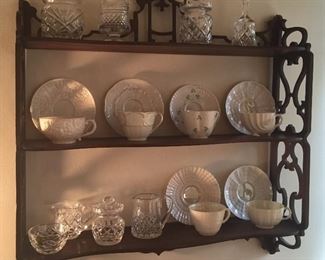 Belleek cups & saucers, Waterford & Galway crystal pieces