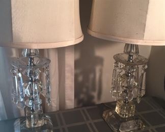 Pair of glass lamps with hanging crystals (each 26" tall incl. shade)