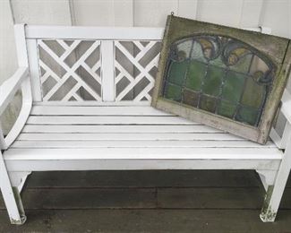 Garden bench (we have 2 alike), funky stained glass window