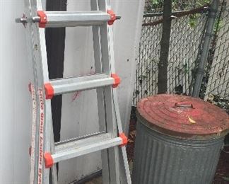 Little Giant ladder (Type 1A), galvanized trash can