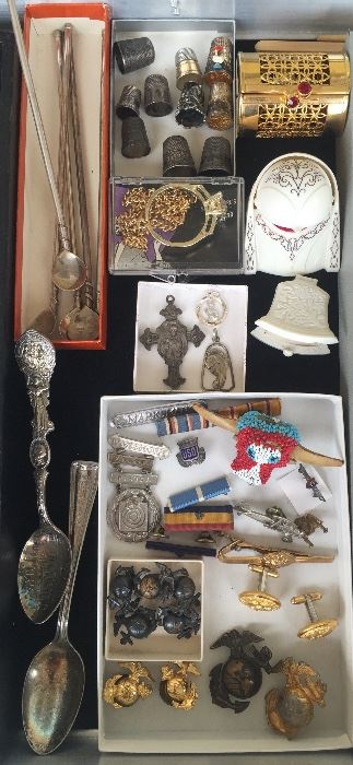 Set of 5 Taxco sterling iced tea spoons, sterling thimbles, vintage gold metal coin purse, vintage ring boxes, religious medals/charms, US Marine Corps pins, beaded bolo, Alaska Yukon Pacific Expo souvenir spoon (1915), spoon from Pig n' Whistle