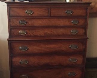 Vintage mahogany highboy dresser (52.5"H, 36"L, 21"D)