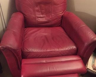 Red leather recliner extended