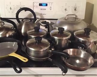 Pots & pans by Revere Ware, yellow Descoware skillet, cast iron skillet, tea kettles