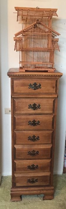 Tall chest (50"H, 18"W, 14"D), vintage bamboo birdcage