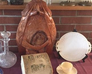 Chinese statue, 25" carved wood Madonna (Nuestra Sra. de Patzcuaro), antique "collars & cuffs" box, holy cards, pin cushions & tape measures