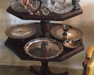 Table is SOLD! Items on table are available: lustre with crystals, cruet set, cut crystal, Dryad wood doll, silverplate trays
