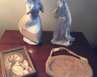 NAO figurines, vintage religious print, beaded purse (made in Occupied Japan)