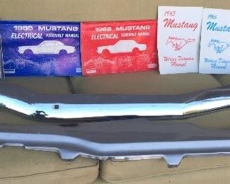 1965 Mustang parts: front bumper, 5 crank window handles, 1 door handle, arm rests, '65 & '66 wiring diagrams (Not shown: 2 Mustang radiators)