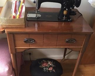 1955 Singer sewing machine, knitting needles, needlepoint stool