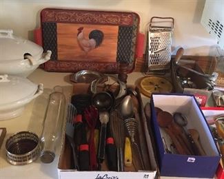 Ironstone tureens, glass rolling pin, kitchen utensils, vintage meat grinder & more