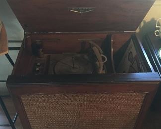Vintage Dumont phonograph (record player - 27"W, 27.5"L, 17"D) We also have RECORDS: pop, musicals, a few oddities (not shown)