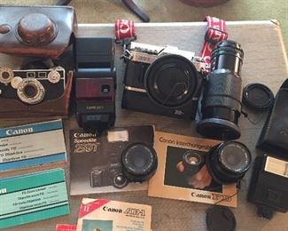 Argus Cintar camera, Canon AE-1 camera with Sigma Zoom-Master lens, Canon Zoom lens FD 70-210mm, Canon FD 28mm & FD 50mm lenses, Canon Speedlite 155A & 299T flashes