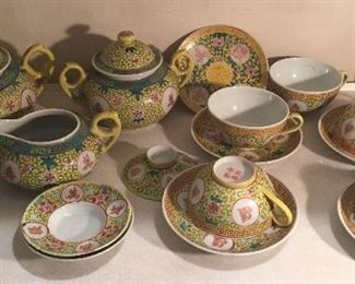 Yellow Chinese Famille Jaune Medallion tea set + bowls