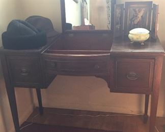 Vintage mahogany vanity - mirror folds flat to form top (39"L, 18"D, 30"H - not incl. mirror)