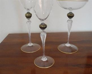 Venetian Glass Water, Wine and Champagne Glasses (8 each), with Black and gold accents