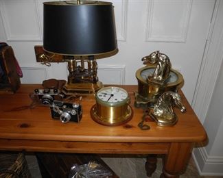 Vintage Cameras, Desk lamp, Barometer, Brass Book ends