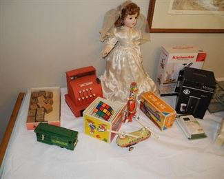 Vintage toys, Tom Thumb register, Sky Bus, Brides Doll, Blocks. Trolley