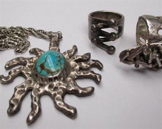 Brutalist cast sterling jewlery rings and pendant