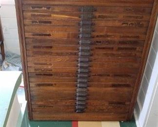 antique Hamilton Mfg printer's cabinet