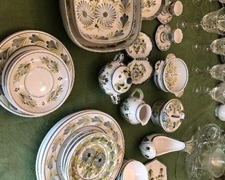 Vintage signed HB Henriot Quimper Marguerite Green Floral Service for 4 with relish plate candle sticks, creamer and sugars, vegetable bowl, gravy and more