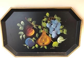 Signed Tole ware tray Elongated octagon shape with fruits