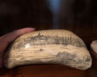 Large scrimshaw replica "A view of Nantucket, Mass 1853" Sperm whales tooth signed NWM