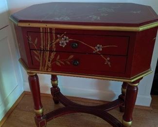 Red Lacquer Oriental Style Side Table with 2 Drawers
