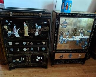 Chinese Bar Cabinet with semi-precious stone relief figures and Chinese Cabinet with Sculptured Relief Scene (each item sold separately)