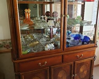 Stunning formal inlaid wood dining room set, hutch shown