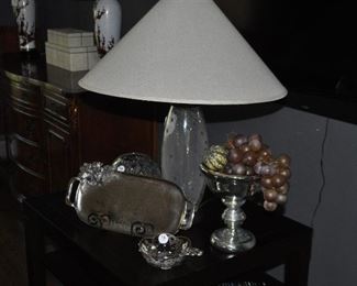 Wonderful home decor including a vintage 27" glass bubble table lamp, Mudpie hammered tray, vintage silver overlay dish and cut crystal rose bowl