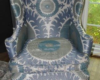 Exquisite blue, beige and grey silk upholstered Wing back arm chair with carved claw feet, 32"w x 44"h x 31"d