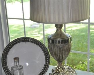 Spectacular John-Richard antiqued silver table lamp with pleated silk shade shown with 8 Crate and Barrel appetizer plates, and a large white and hammered silver serving bowl